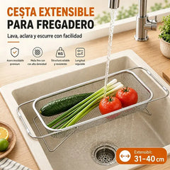 🧺 Escurridor de acero inoxidable extensible para fregadero – Bandeja plegable multiusos para verduras, frutas y vajilla 🍎