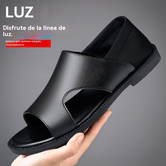 【38-44】Sandalias de verano 2025 para hombre de piel de vaca, transpirables, huecas, antideslizantes, informales
