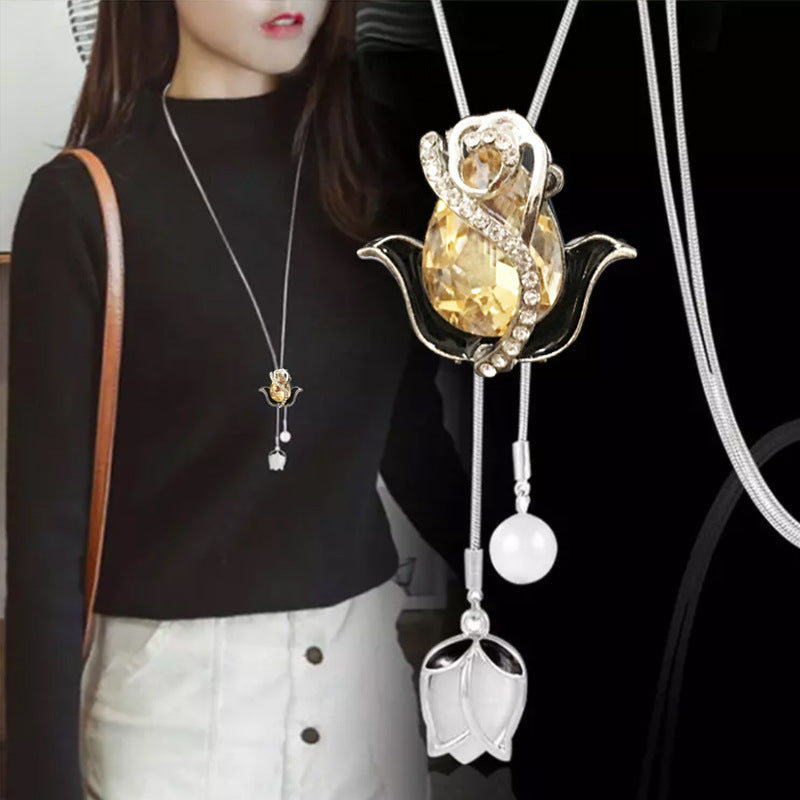 💝【2 piezas】✨Collar largo de tulipán con ojo de gato, cadena para suéter, accesorios de ropa