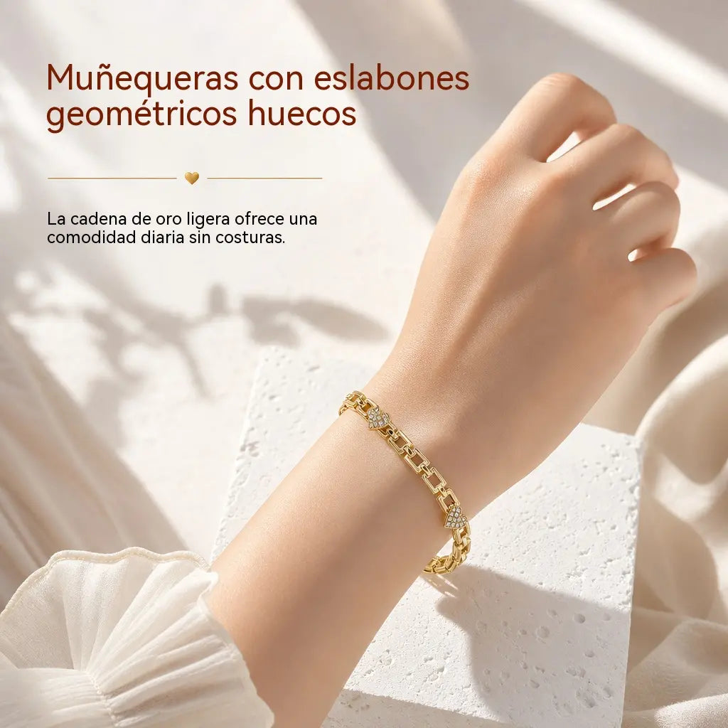 📢📢 ¡Oferta a mitad de precio! ✨💛 Pulsera de cadena dorada con corazones y cuadrados calados adornados con strass: combina a la perfección con cualquier look.