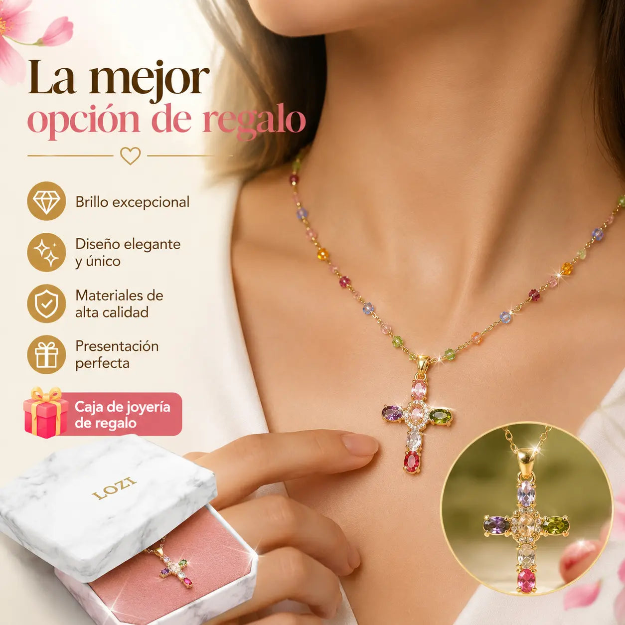 👍🥰🥰 Collar con cruz de circonitas de colores. Incluye un precioso joyero.