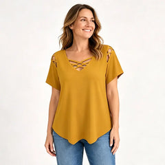 👚【S-5XL】 Top de algodón puro con V y cruzado – Corte con recortes, ligero y perfecto para el día a día ✨