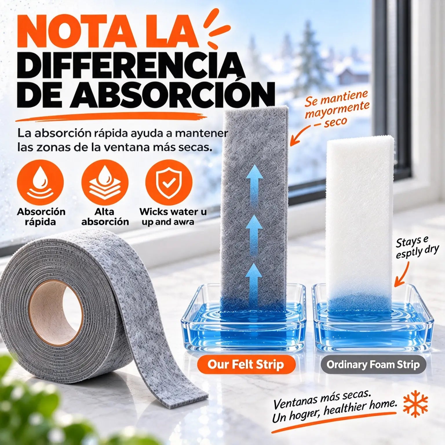 💧【¡Compra uno, consigue uno gratis!】❄️ Cinta Absorbente de Condensación para Ventanas | Fieltro Autoadhesivo Antihumedad y Antigoteo | Tira para Alféizar y Marco 🌬️