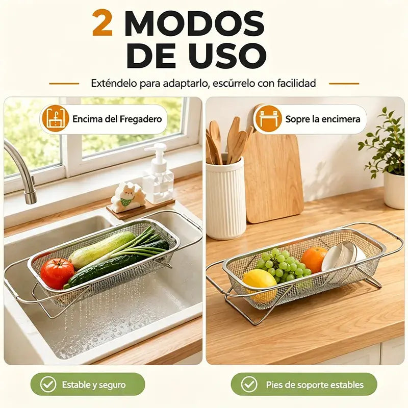 🧺 Escurridor de acero inoxidable extensible para fregadero – Bandeja plegable multiusos para verduras, frutas y vajilla 🍎