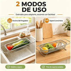 🧺 Escurridor de acero inoxidable extensible para fregadero – Bandeja plegable multiusos para verduras, frutas y vajilla 🍎