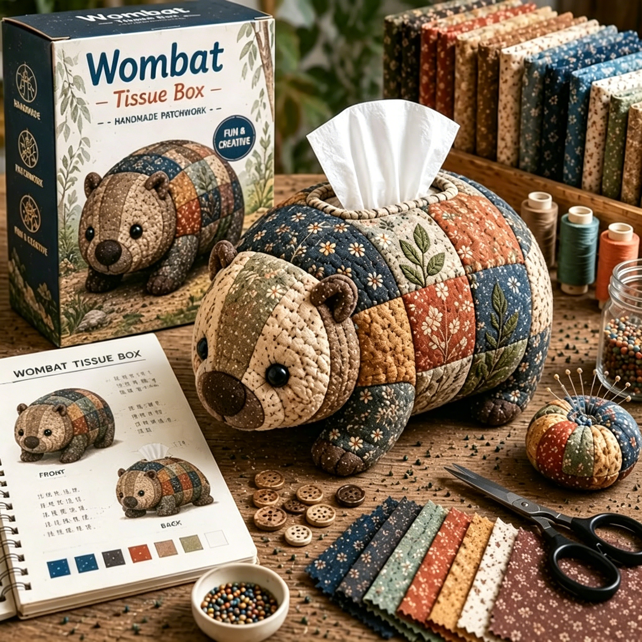 🧵🐨 Kit de costura DIY para caja de pañuelos con diseño de animales – Kit de manualidades de tela 3D, ideal para principiantes 🎁✨
