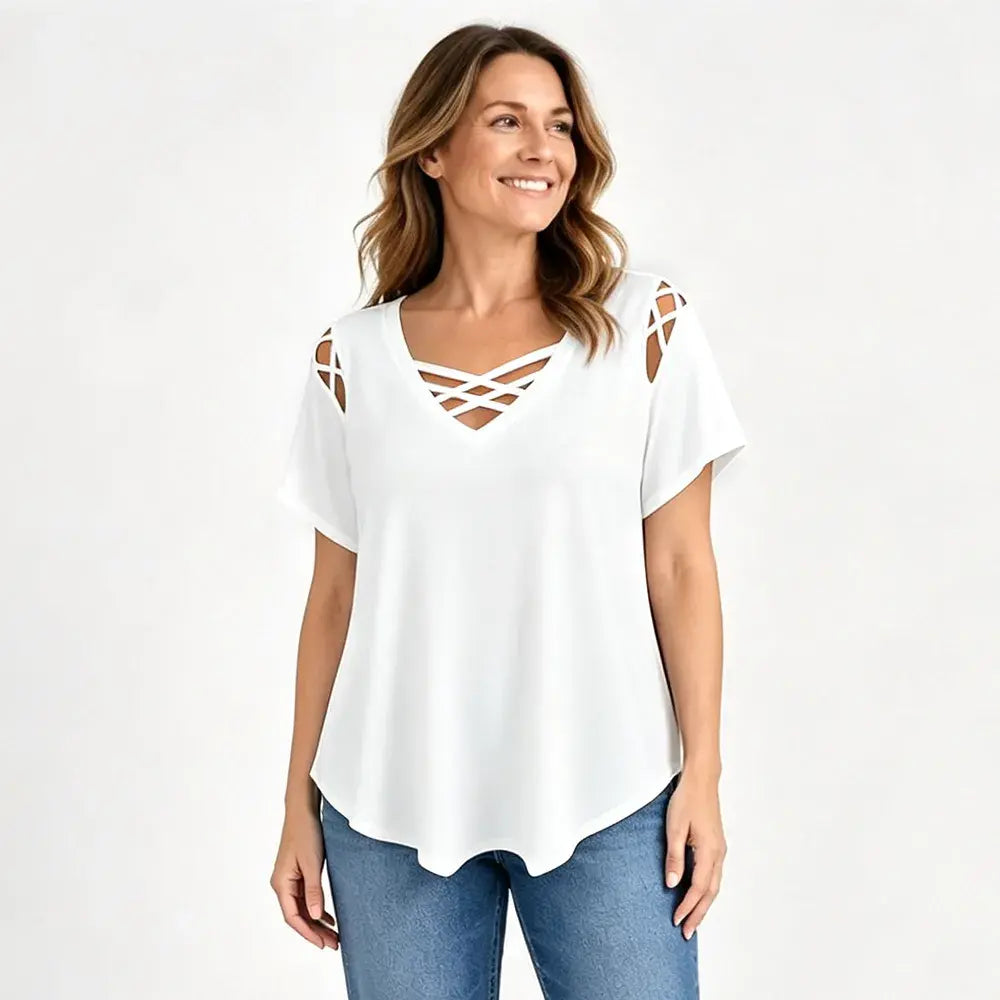 👚【S-5XL】 Top de algodón puro con V y cruzado – Corte con recortes, ligero y perfecto para el día a día ✨