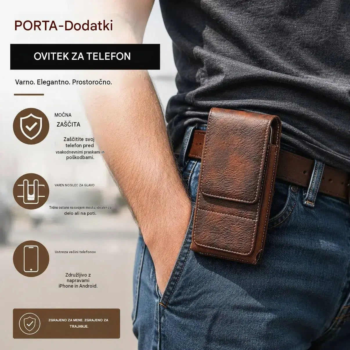 🔥Ovitek za mobilni telefon s sponko za pas – magnetno zapiranje, trpežen in z režo za kartice