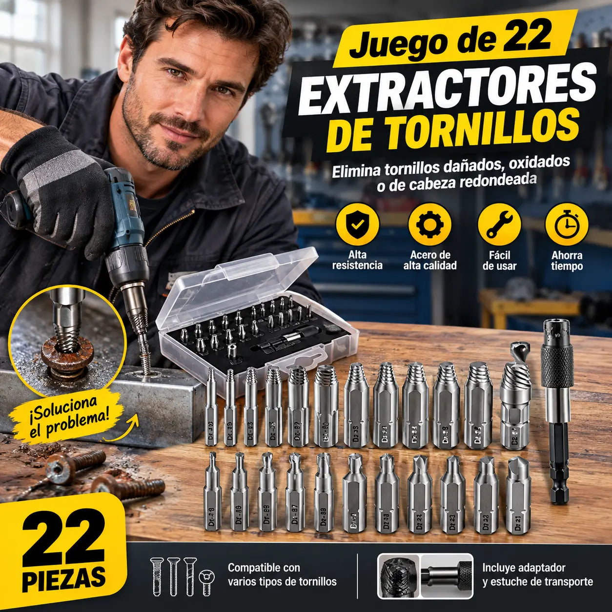 🔩 ⚡ Juego de 22 extractores de tornillos – Acero aleado; extrae pernos oxidados y con la cabeza barrida ✨