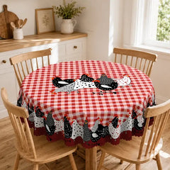 🐓 ¡50% DE DESCUENTO POR TIEMPO LIMITADO! ❤️ Mantel de gallo estilo granja: cubremesa con estampado de gallinas a cuadros rojos, resistente a derrames y con borde de encaje festoneado ✨