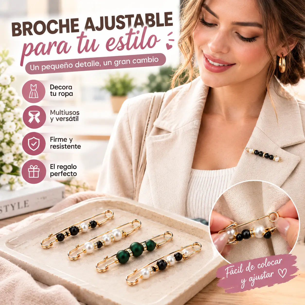 🧷✨ Broche de Perla Ajustable para Cintura – Imperdible para Vestidos, Pantalones y Escotes, Antideslizante y Elegante 👗