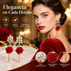 🌟【2 pares】🌹Pendientes de rosa roja con tallo de cristal