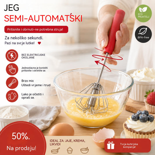 🥳Kupite 1, dobijte 1 gratis🥳💞Prodano više od 50 000 jedinica!🥚💪 50% popusta! Poluautomatska ručna pjenjača za jaja: pritisnite i zavrtite - nije potrebna struja. Pjenjača za jaja i vrhnje u sekundama. Nježno za vaša zapešća! ✨🧁