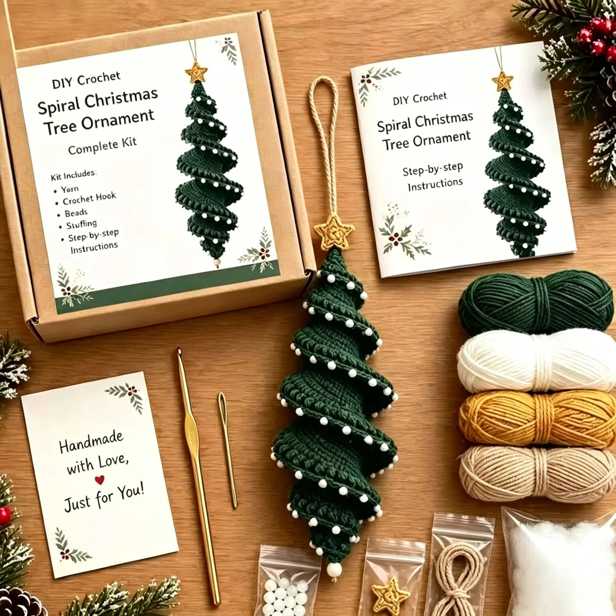 ⛄️🎄Kit para hacer un adorno de muñeco de nieve en espiral a crochet (incluye hilo suave, aguja de crochet, cuentas navideñas, decoraciones de copos de nieve e instrucciones paso a paso)