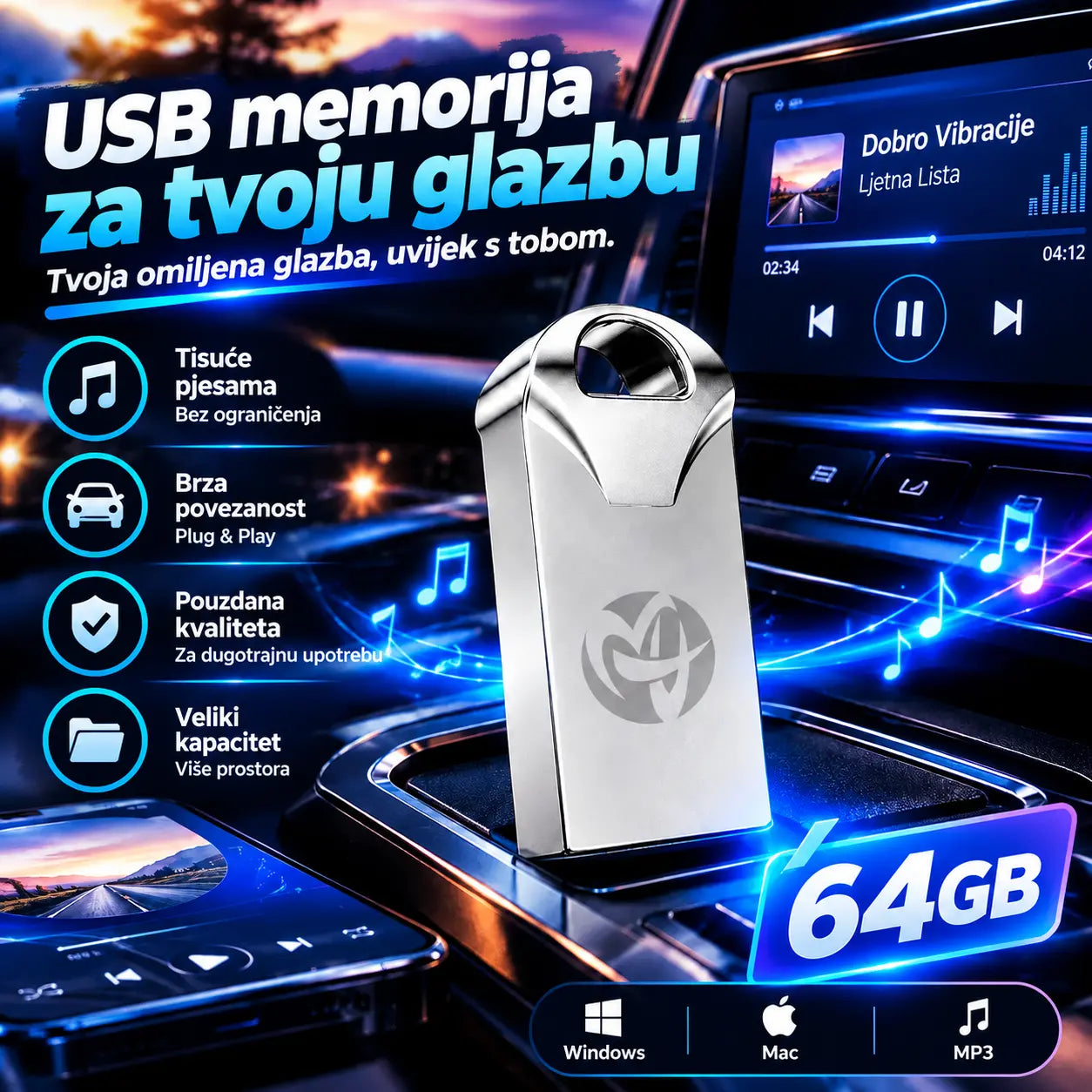 🚗🎵🎵【64G】【Glazbeni USB flash pogon】Sadrži 4000 pjesama, 300 glazbenih snimki i 6D zvučne efekte