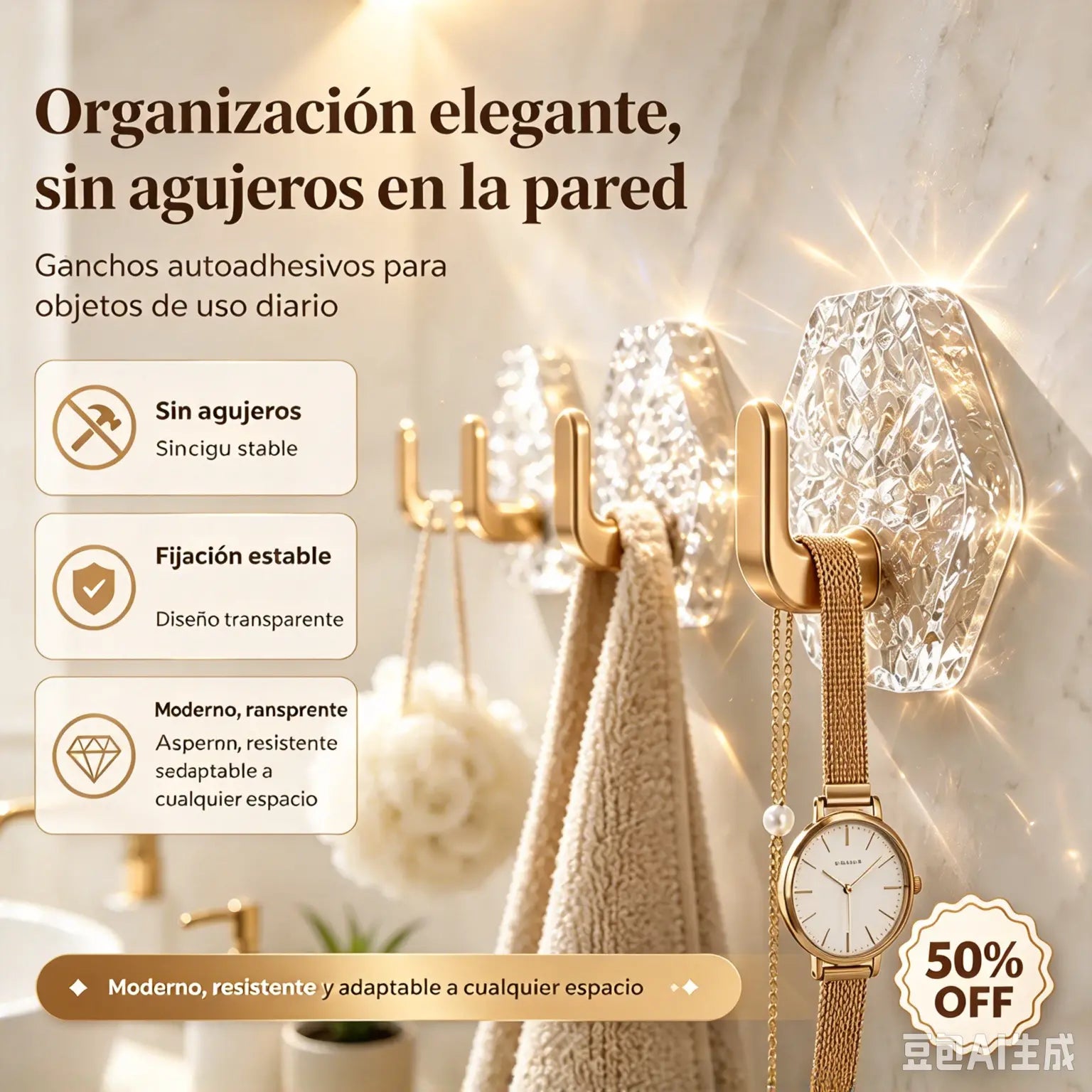 🧊✨ Pack de Ganchos Adhesivos sin Taladro | Súper Resistentes, Transparentes y Multiusos para Baño y Hogar