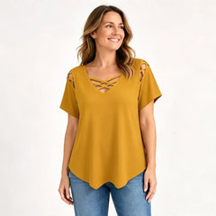 👚【S-5XL】 Top de algodón puro con V y cruzado – Corte con recortes, ligero y perfecto para el día a día ✨