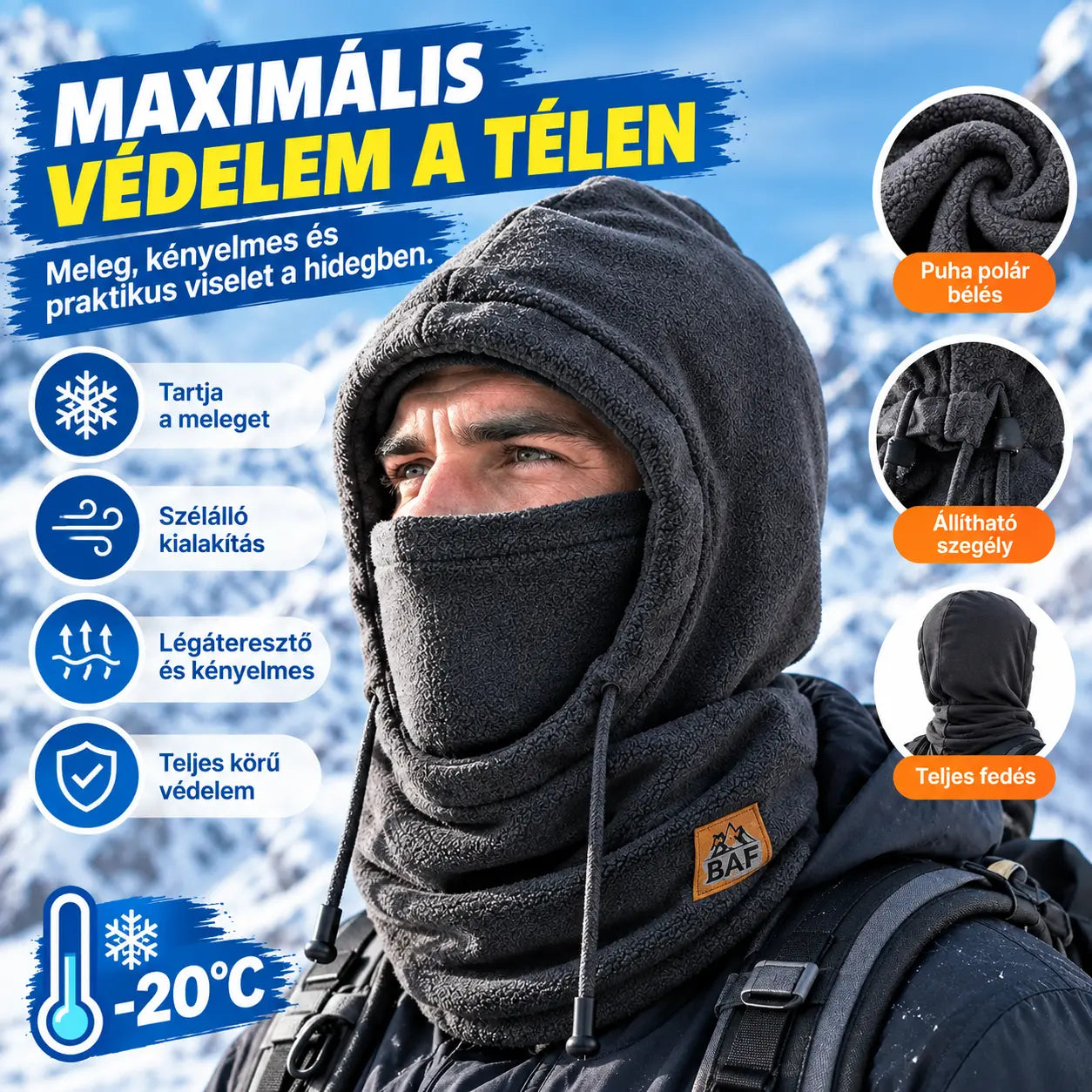 ❄️ Teljesen thermo sapka polár béléssel, amely -20 Celsius-fokig melegen tart. ⛷️ Ideális síeléshez, motorozáshoz és szabadtéri tevékenységekhez.