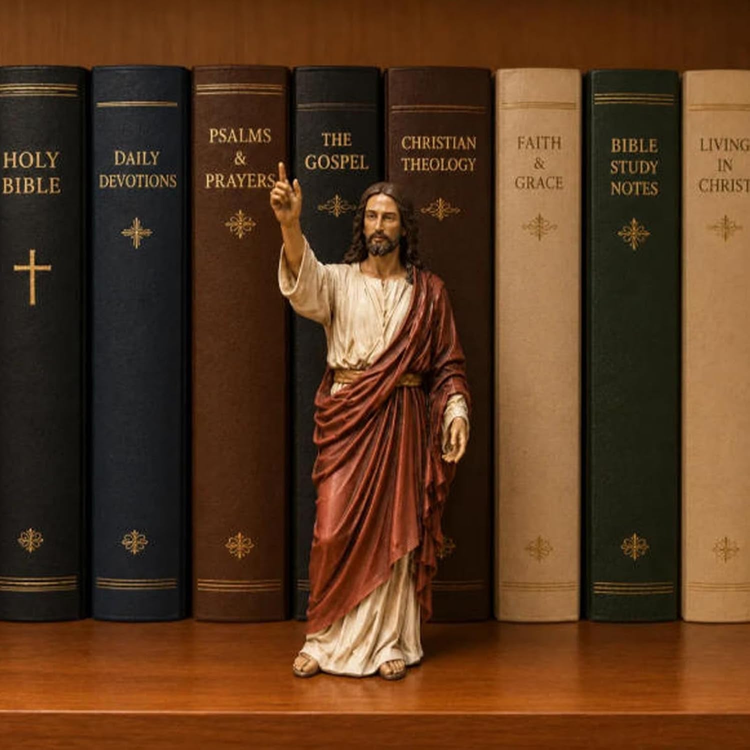 🔥 Último día: 50% de descuento - ✝️Conjunto de decoración de estantería con estatua de Jesús🙏Un compañero sagrado en tu camino diario de fe📚