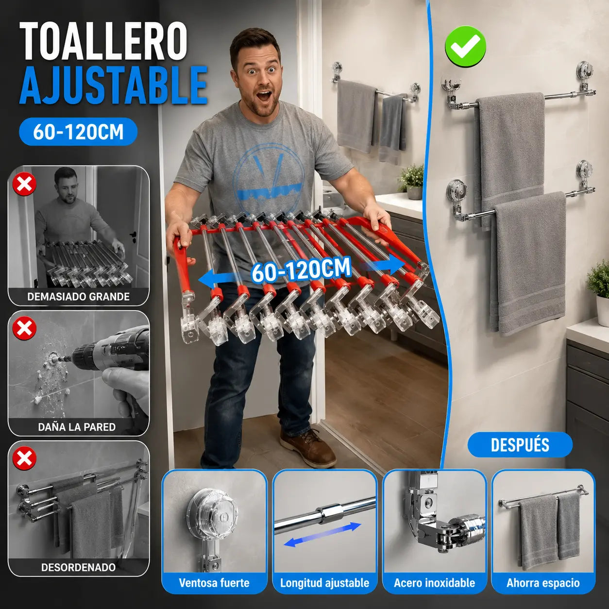 🚿✨ Barra de toalla con ventosa ajustable: no requiere perforar, no daña y tiene un agarre cómodo.
