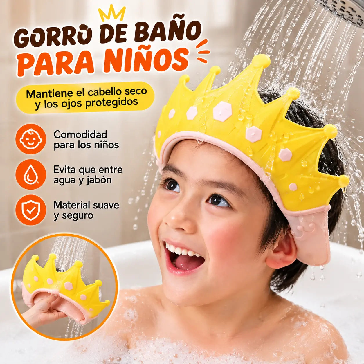 📢📢 ¡40% de descuento! ⏰ Gorro de ducha impermeable para niños, ajustable con diseño de corona de dibujos animados ✨