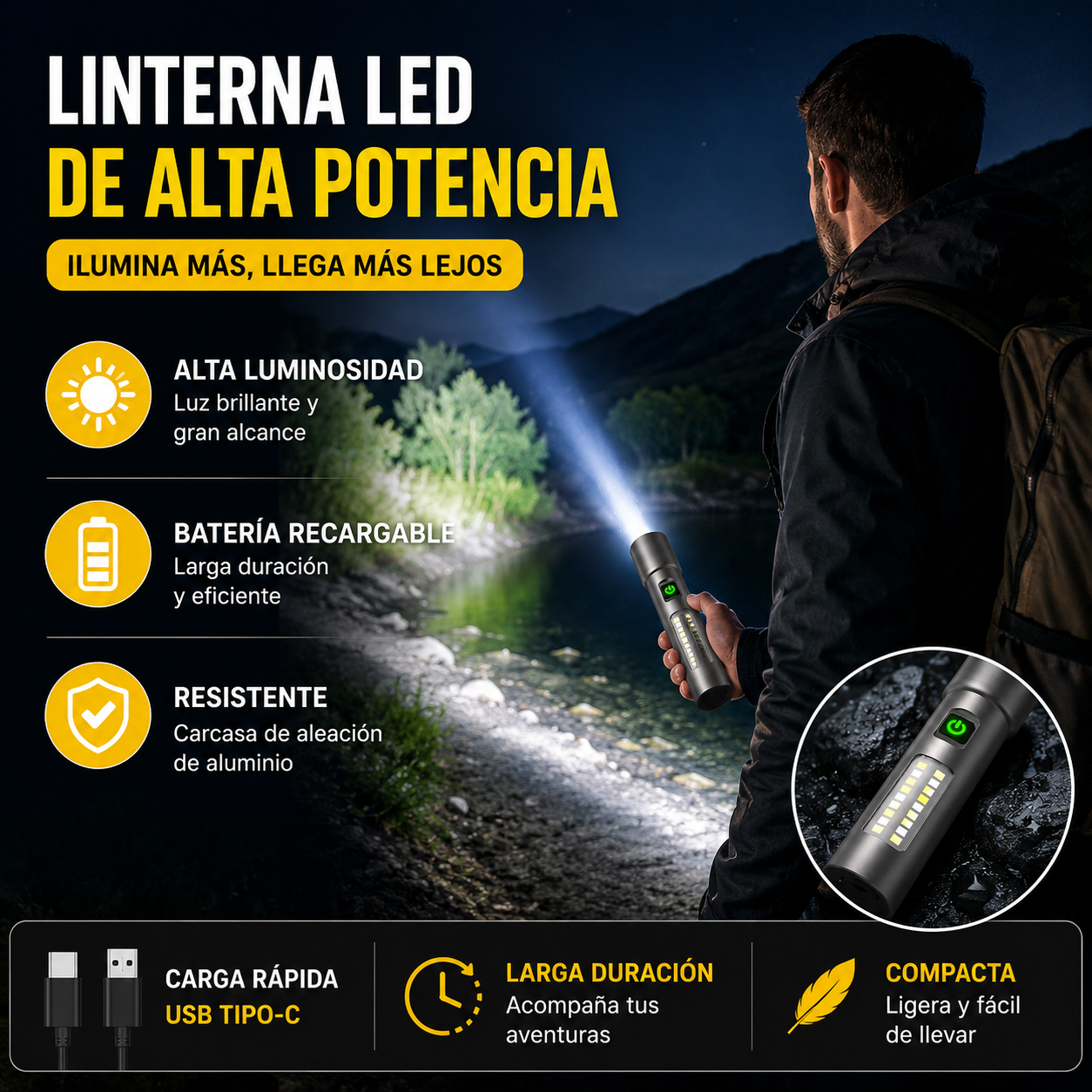 👍👍Linterna láser LED blanca multifuncional, recargable y con zoom telescópico.