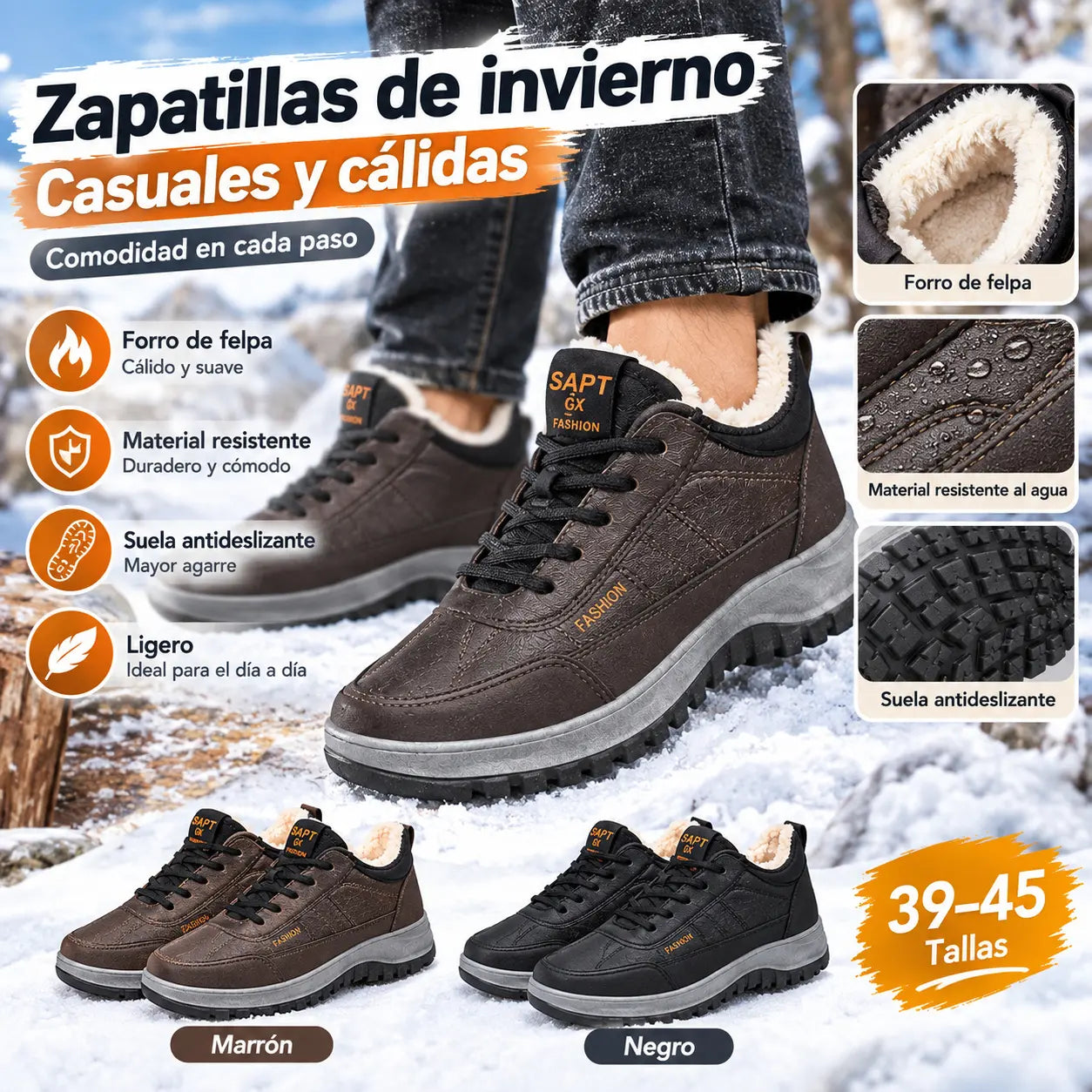 【39-45】Zapatos deportivos casuales de invierno impermeables de cuero genuino para hombre, suela de terciopelo suave, nuevo estilo