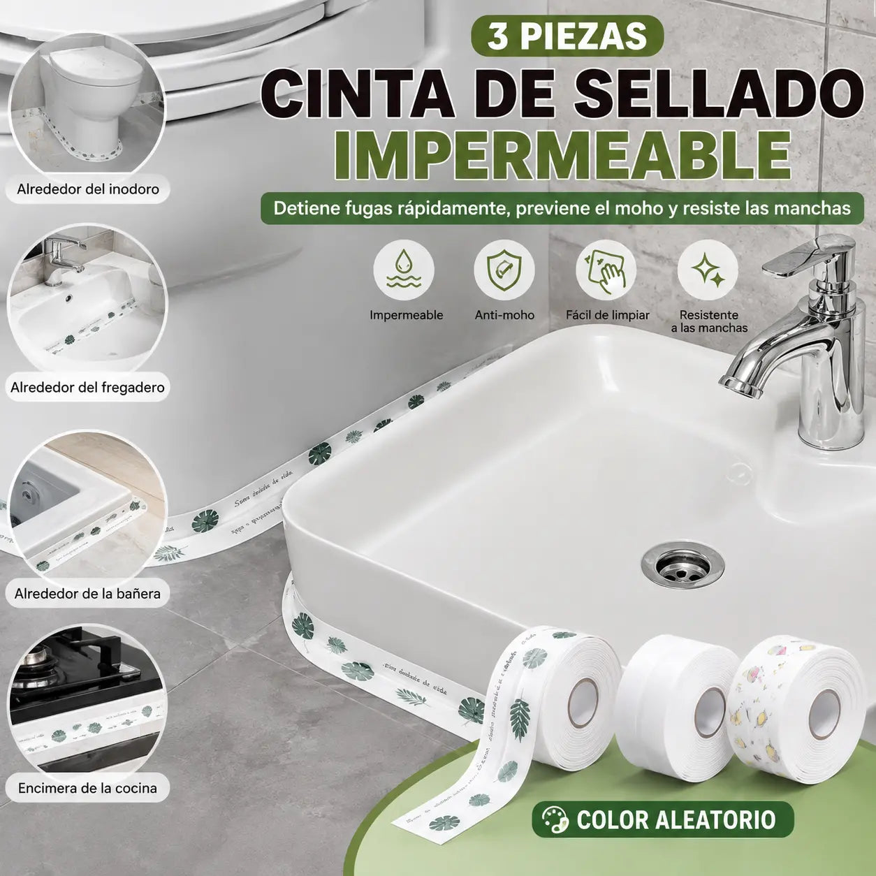 【3 piezas】Cinta de sellado impermeable para cocina: detiene fugas rápidamente, previene el moho y resiste las manchas [Color aleatorio]