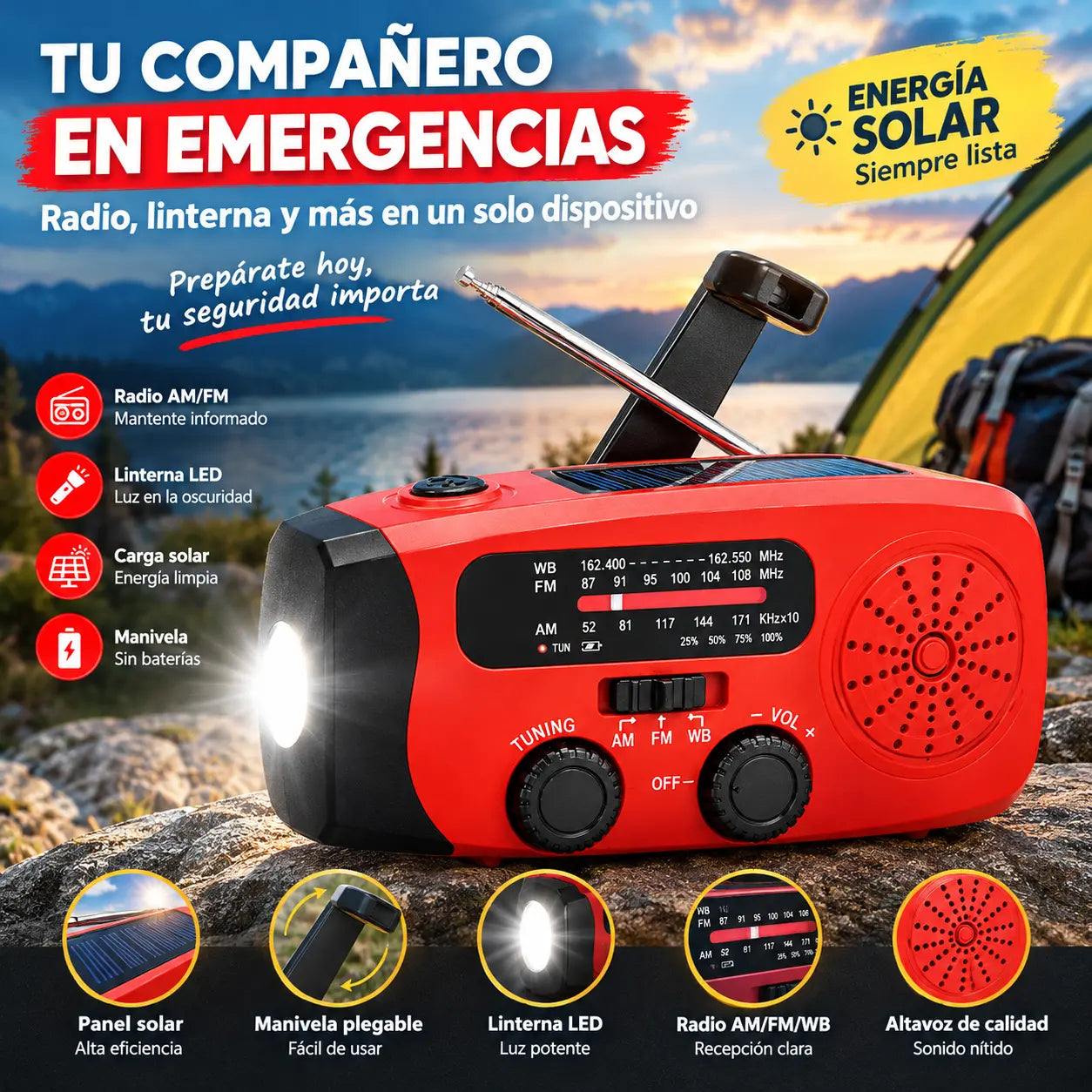 ⏳⏳ ¡50 % DE DESCUENTO POR TIEMPO LIMITADO! 📻 Radio de emergencia solar portátil multifuncional: incluye batería externa (power bank), manivela y alertas meteorológicas; ideal para actividades al aire libre y situaciones de emergencia.