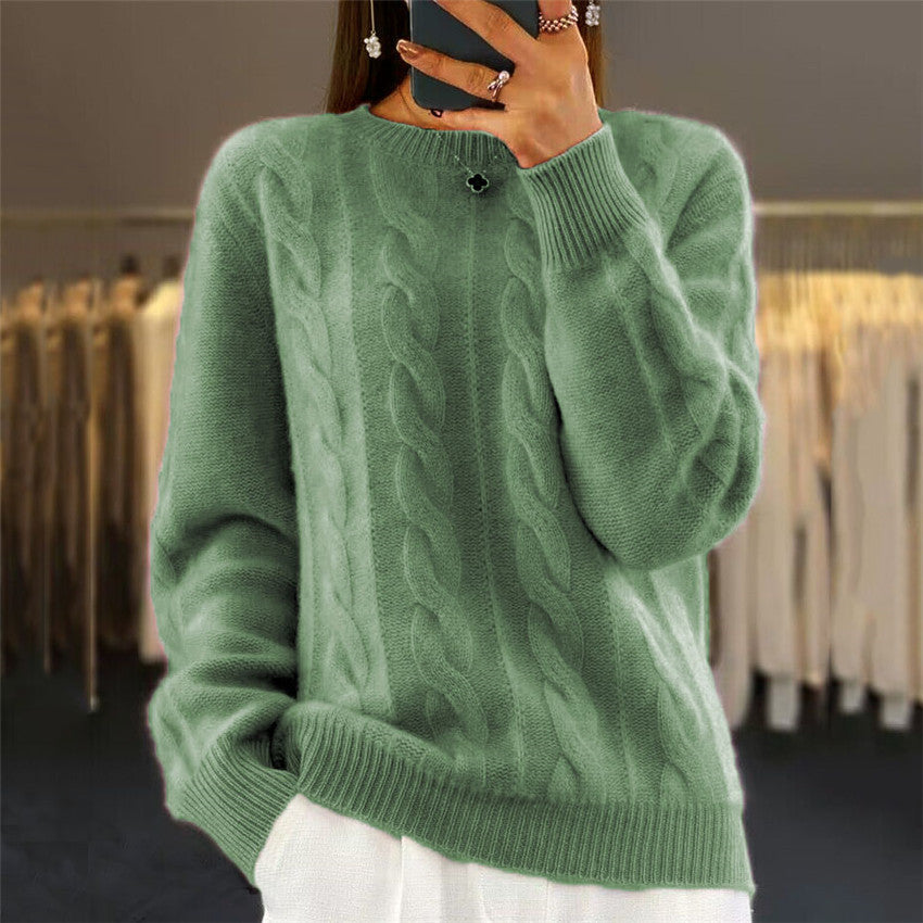 2025 nuevo suéter de punto trenzado retro de color sólido con cuello redondo