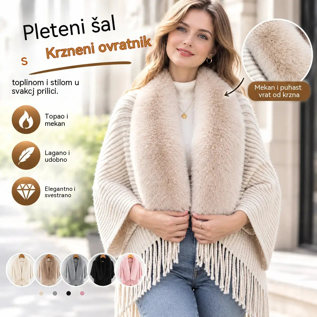 ❄️Elegantni i topli pleteni šal s plišanim ovratnikom, savršen za svaku prigodu i stvara sofisticiran izgled.