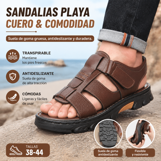 🔥👟 (50%OFF)【Tamaño 38 ~ 44】 Sandalias de playa antideslizantes de cuero suave hechas a mano para hombres