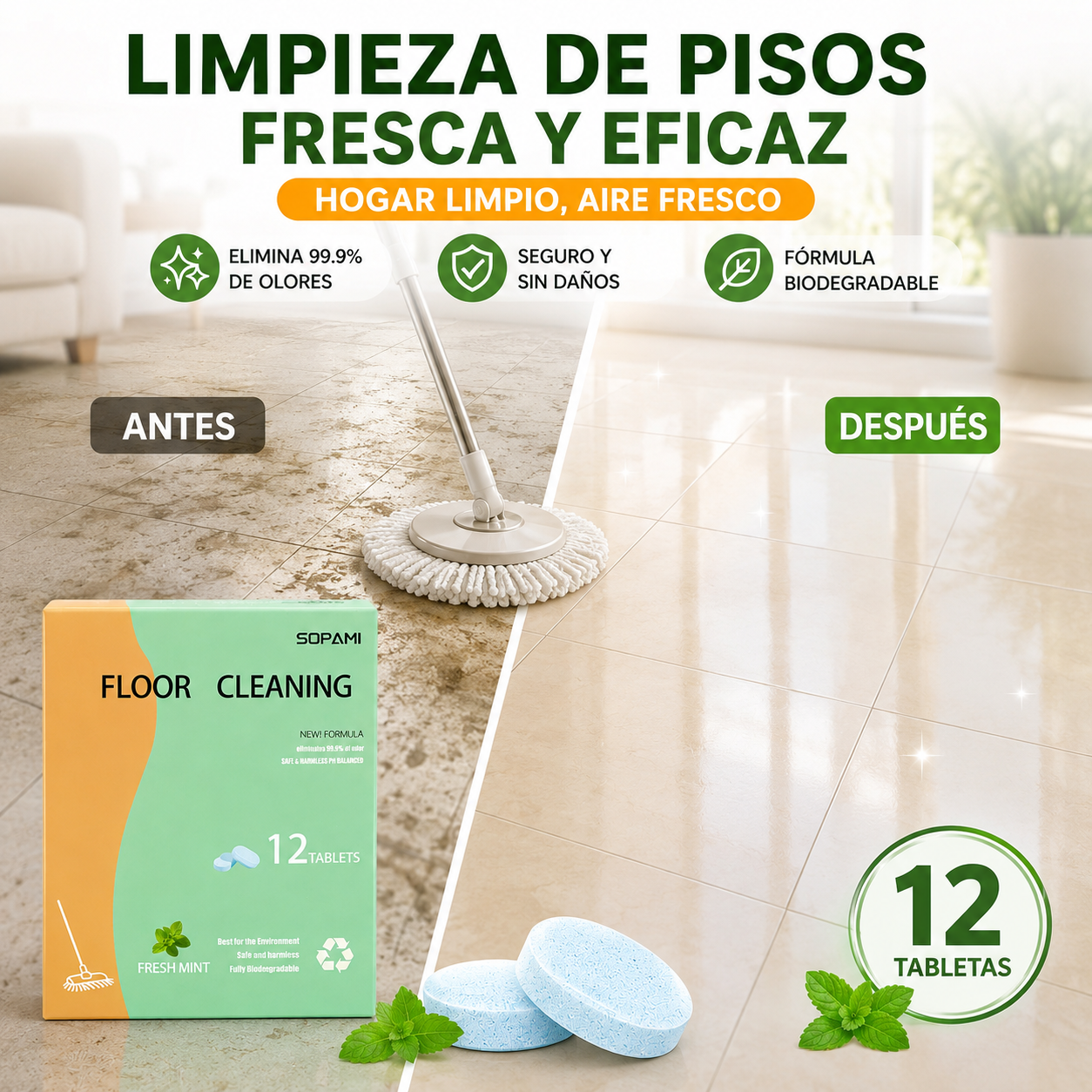 【2 cajas/24 comprimidos】Las pastillas efervescentes para la limpieza de suelos eliminan eficazmente la suciedad y los olores.