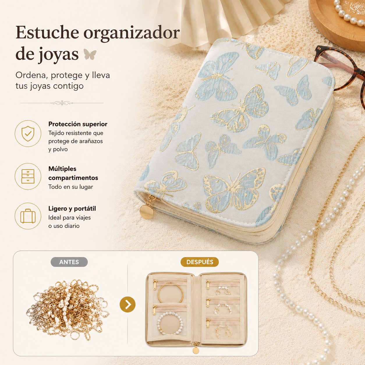 🔥Elegante y portátil estuche para guardar joyas con estampado de flores de ciruelo y mariposas