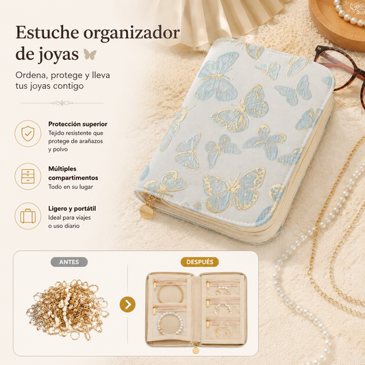 🔥Elegante y portátil estuche para guardar joyas con estampado de flores de ciruelo y mariposas