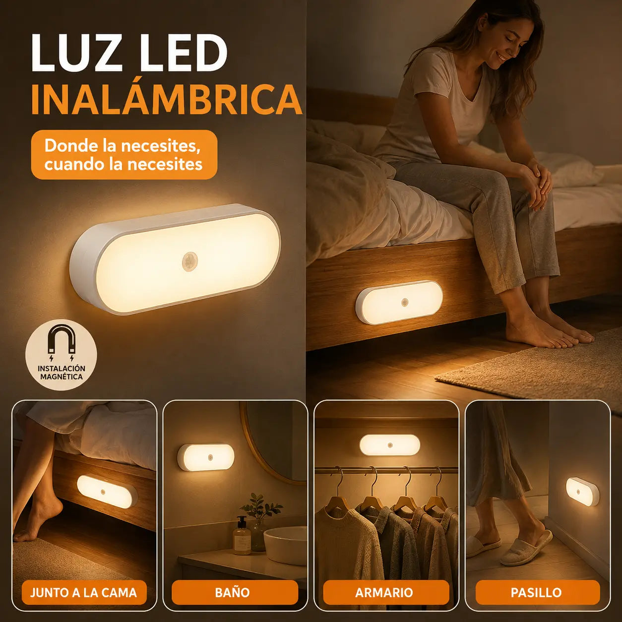 （3 piezas）Luz LED inteligente con sensor de presencia, fácil de cargar y práctica.