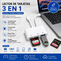 🔌 Lector de Tarjetas Multifuncional con Doble Cable – Transfiere Fotos y Archivos entre Móvil, Cámara y Disco Duro 📸
