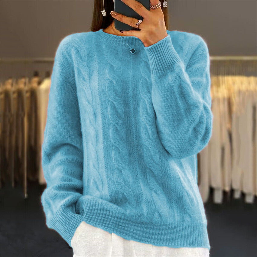 2025 nuevo suéter de punto trenzado retro de color sólido con cuello redondo