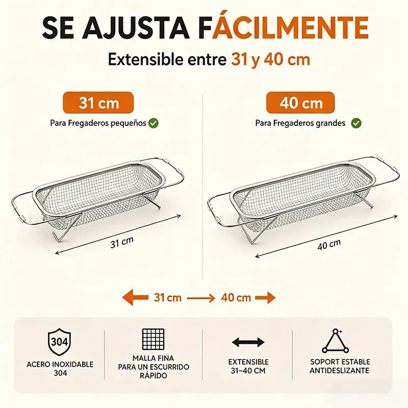 🧺 Escurridor de acero inoxidable extensible para fregadero – Bandeja plegable multiusos para verduras, frutas y vajilla 🍎