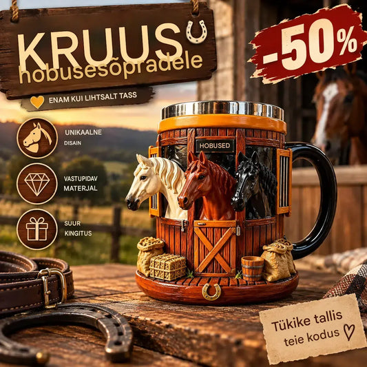 3D-hobusetalli kujundusega kohvikruus – reljeefne roostevaba teras – kingitus hobusesõpradele
