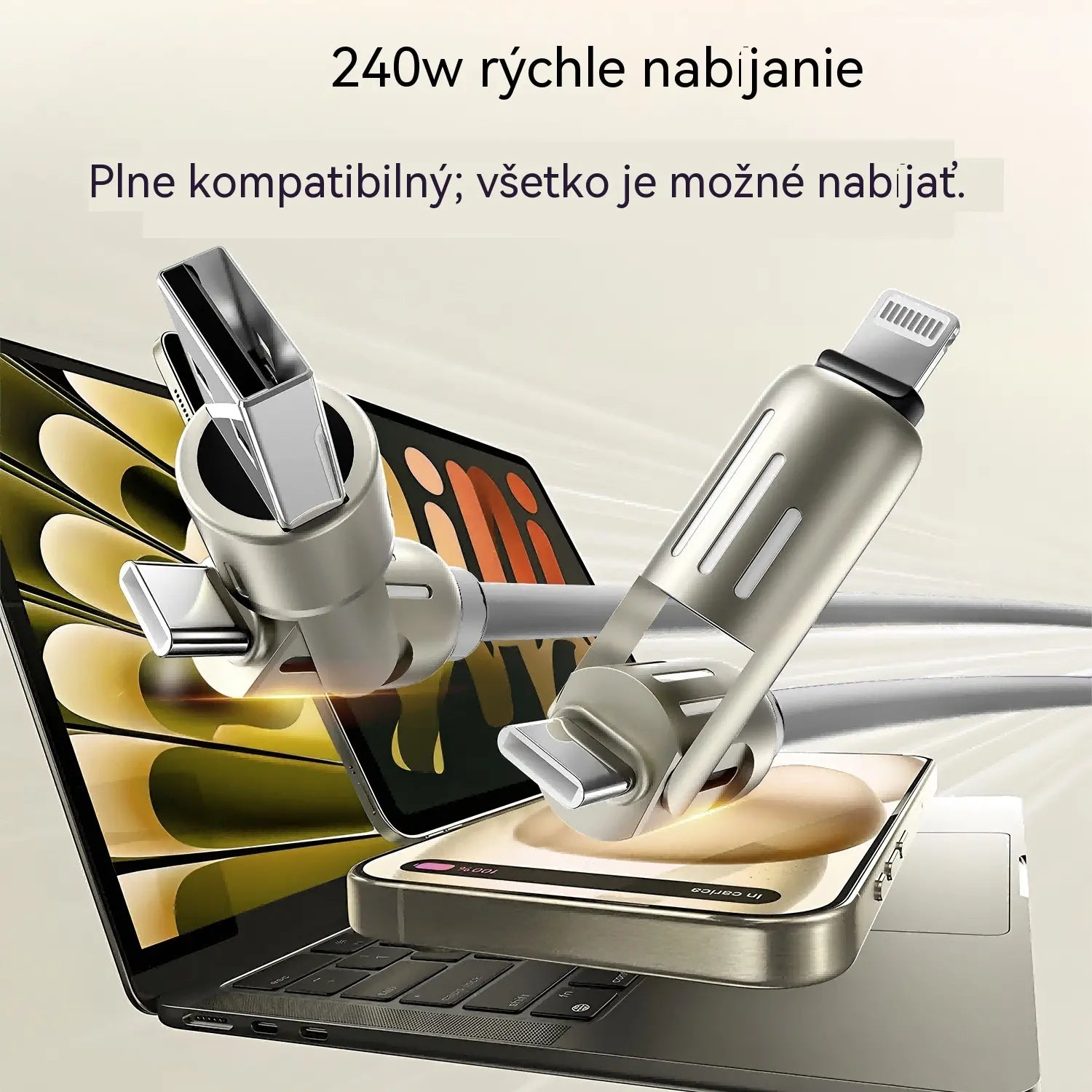 🔥 (2 metre dlhý) 4-v-1 PD 240W kábel – USB-C, Lightning a USB-A rýchle nabíjanie, hliník a silikón, synchronizácia dát ⚡📱
