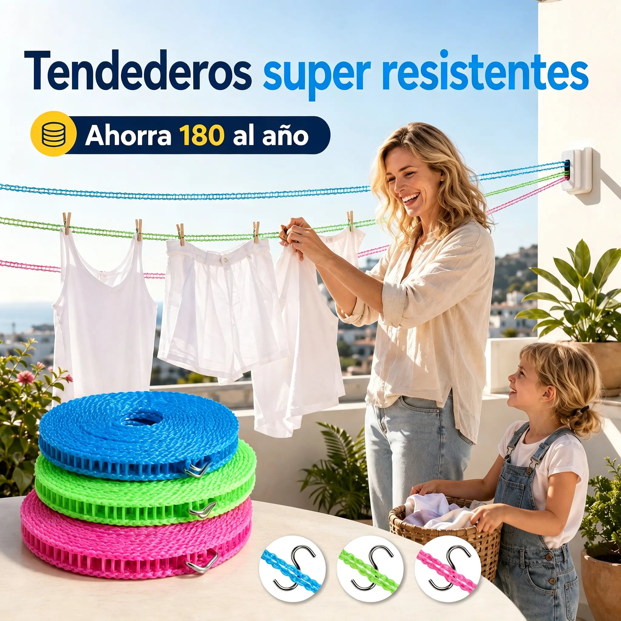 💥【3 piezas】🔗 Tendedero antideslizante y resistente al viento 👕 Evita el caos en la colada con el viento 🌬️