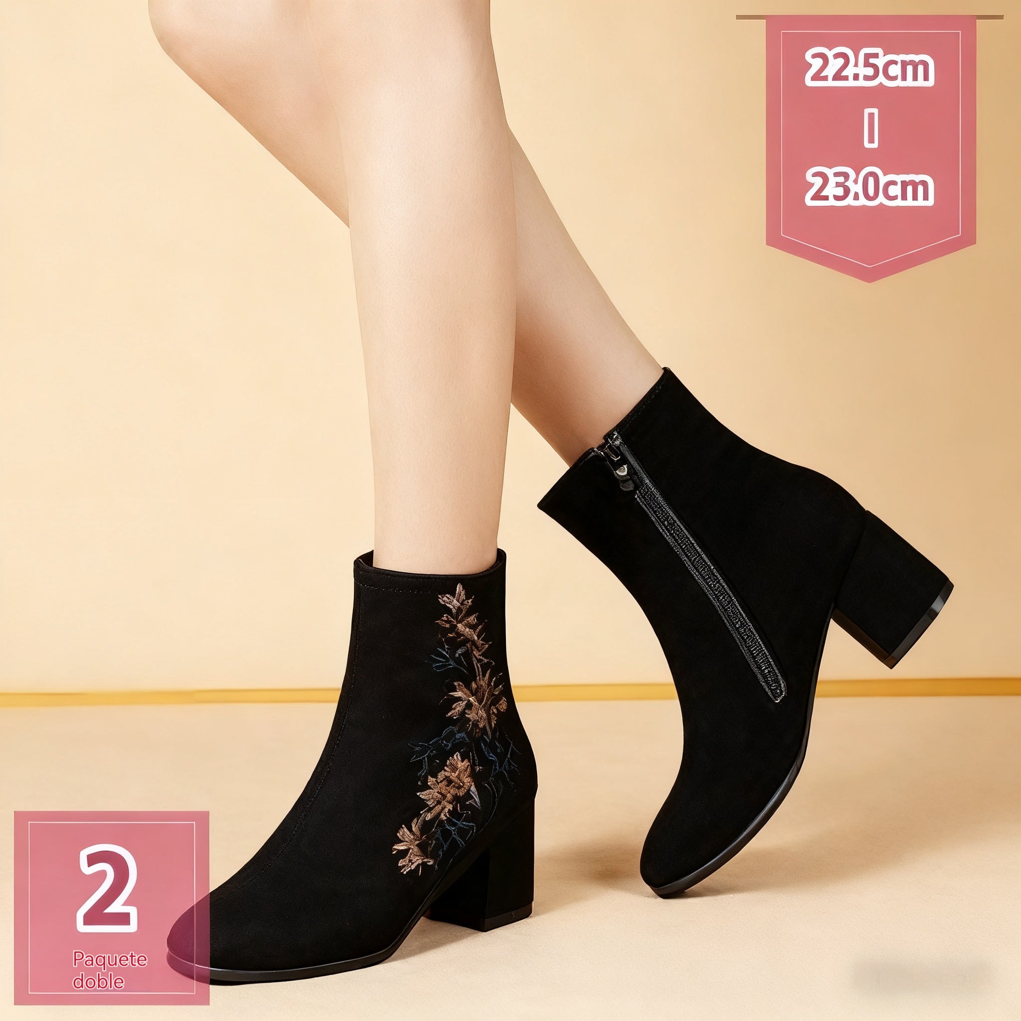 🥰🥰【35-40】Botas de mujer con punta redonda y tacón grueso, bordadas y cepilladas