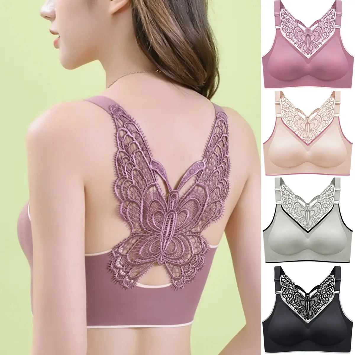 💞【Conjunto de 4 piezas】🎁Sujetador sin aros con bordado de mariposa - Sin aros, soporte durante todo el día✨【45~125 kg】