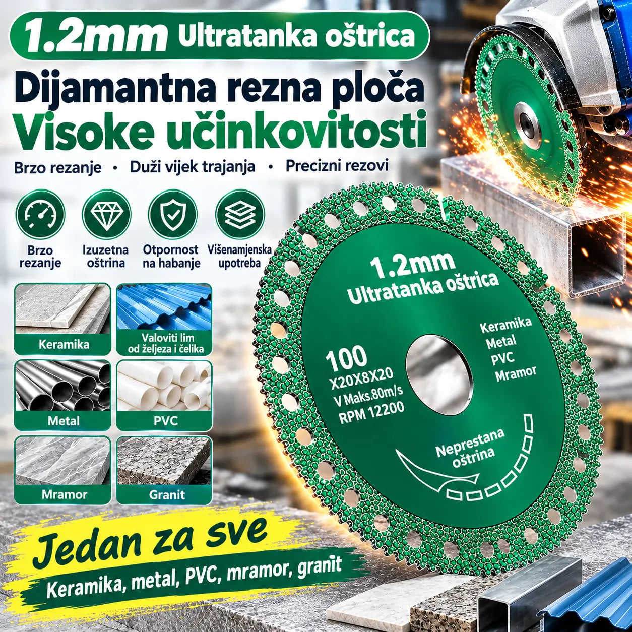 Višenamjenska kompozitna rezna ploča za kutne brusilice – pogodna za pločice, čelične krovne ploče, metal, PVC, sinterirani kamen i mramor.