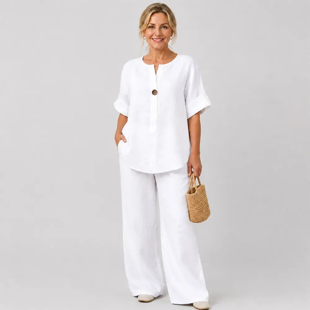 ✨【Top + Pantalones de pierna ancha】🌸【S-3XL】Conjunto de algodón y lino suave, ligero y de corte holgado, ideal para cualquier ocasión 👚
