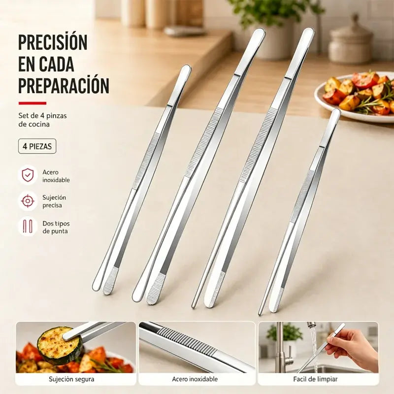 🥩🔥 Juego de 4 Pinzas de Cocina de Acero Inoxidable de Alta Calidad – Ideales para Asar, Cocinar y Servir – Diseño Ergonómico y Antideslizante 🍳