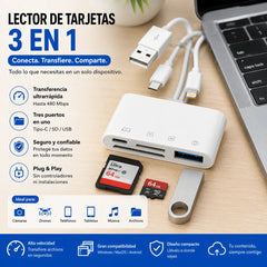 🔌 Lector de Tarjetas Multifuncional con Doble Cable – Transfiere Fotos y Archivos entre Móvil, Cámara y Disco Duro 📸