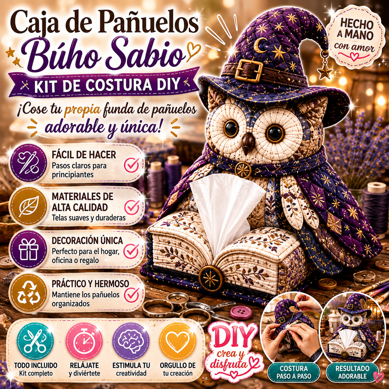 🦉Kit de costura DIY - Caja de pañuelos acolchada con patrón de búho inteligente