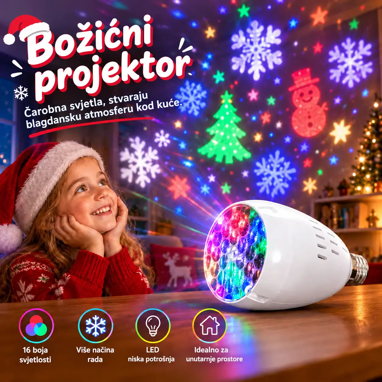 ✨ Božićna E27 LED projekcijska žarulja | 16 dinamičnih uzoraka | Stvorite blagdansko ozračje u sekundi 🎄